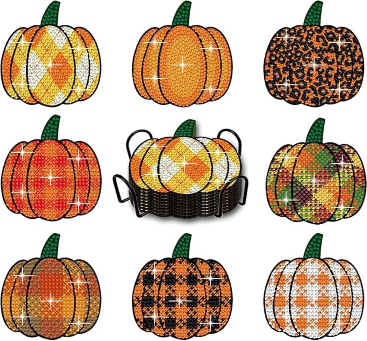8-Piece Fall Pumpkin Diamond Art Coaster Set with Holder – DIY 5D Autumn Diamond Painting Kit for Adults & Beginners, Acrylic Craft Coasters with Tools Included, Seasonal Home Decor Gift